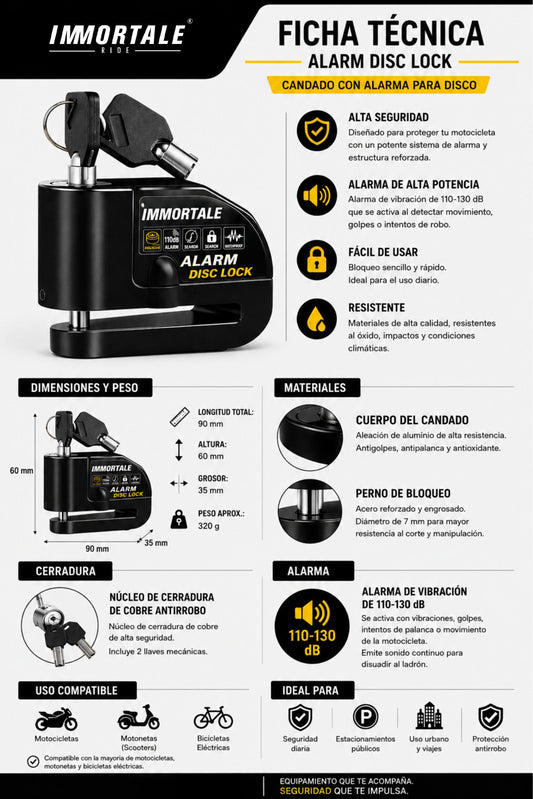 CANDADO DISCO ALARMA IMMORTALE SKU: IMALARMLO#